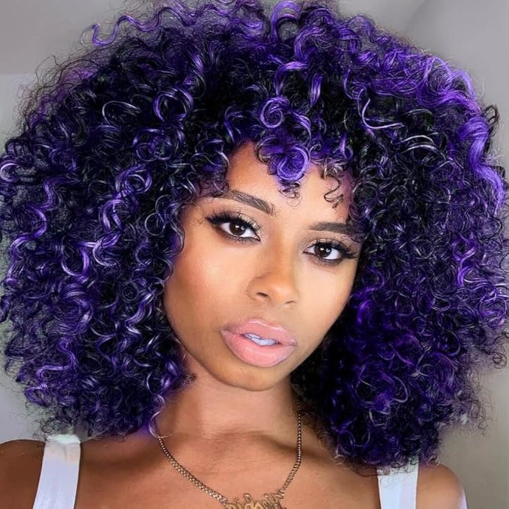 Curly Wigs for Black Women - Curly Afro Wig w/Bangs Purple Mixed Blue 15" Length